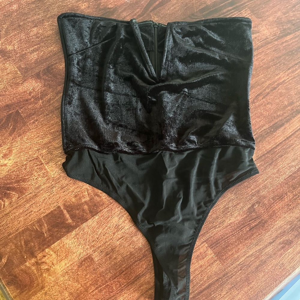Elegant Deep V Black Velvet Bodysuit